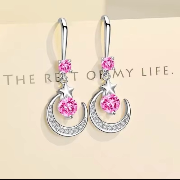 NIB Elegant S925 Sterling Silver Zircon and Pink Crescent Moon Earrings - Picture 4 of 8